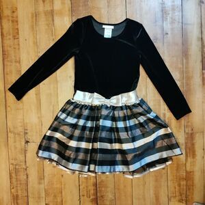 Bonnie Jean 8 black velvet dress gold long sleeve lined skirt Christmas Holiday